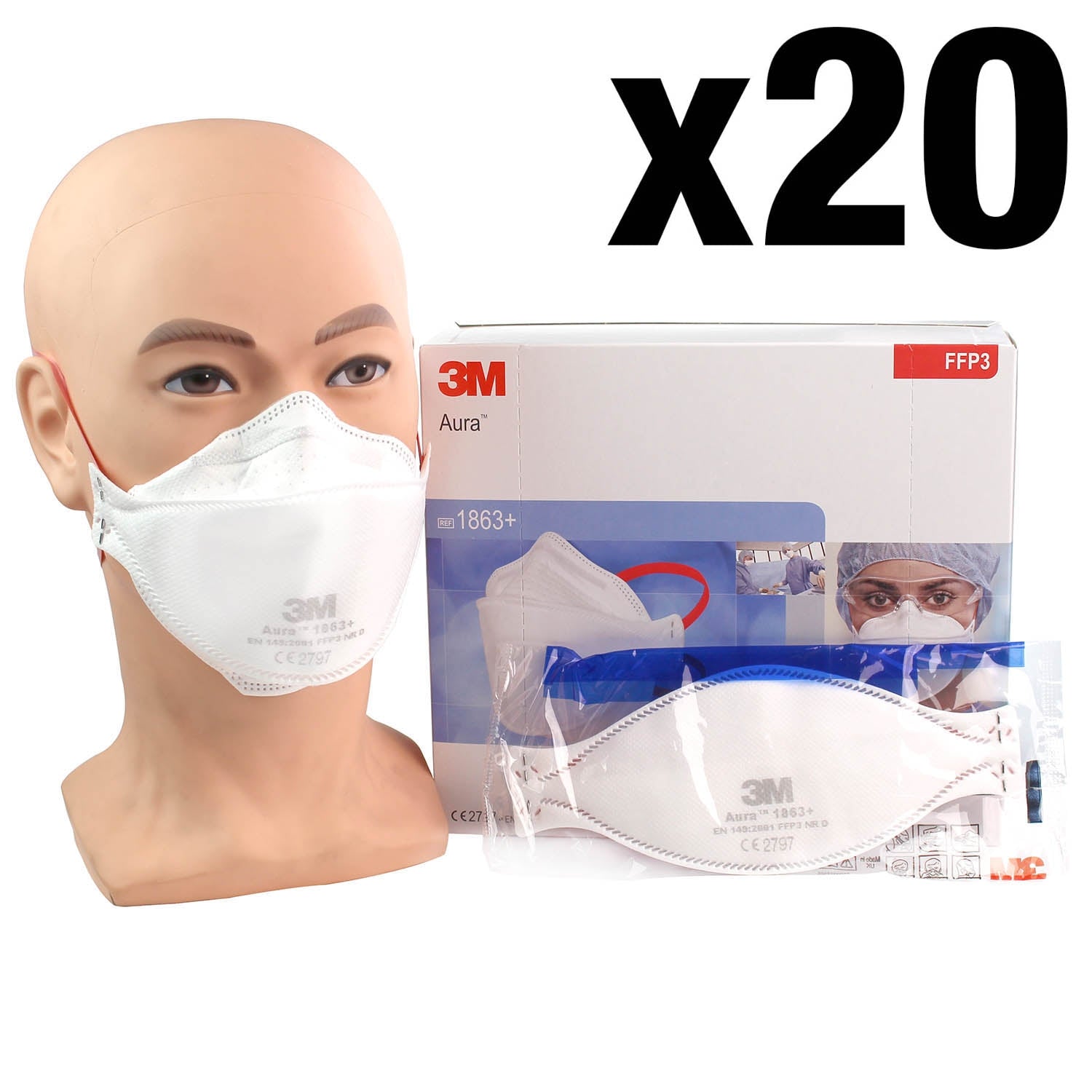 3M™ 1863+ Aura™ Disposable Healthcare Respirator, FFP3 +IIR - Box of 20