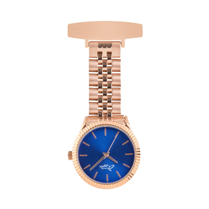 Annie Apple Nurses Fob Watch - Callista - Blue/Rose Gold - Link - 35mm