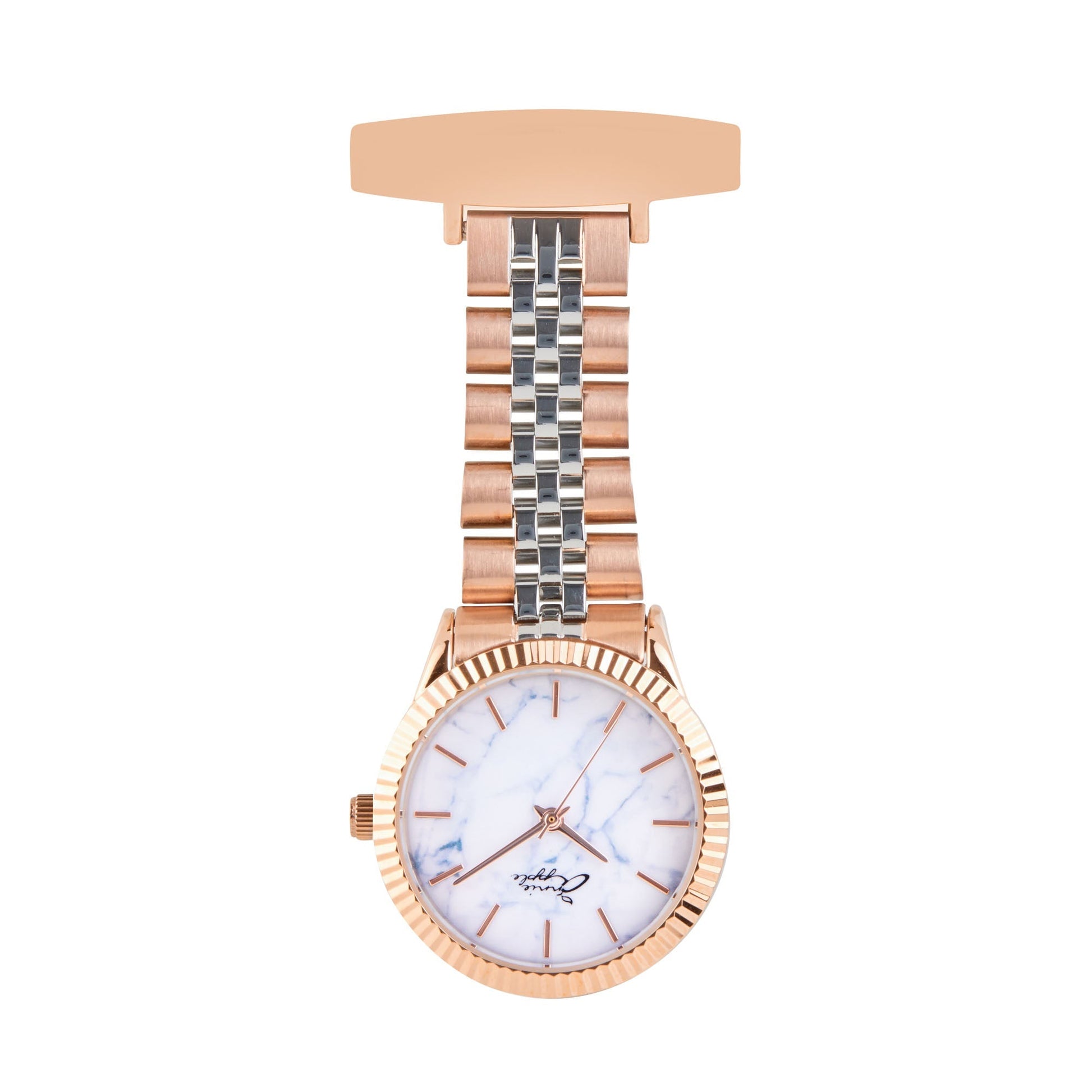 Annie Apple Nurses Fob Watch - Callista - Marble/Silver/Rose Gold - Link - 35mm