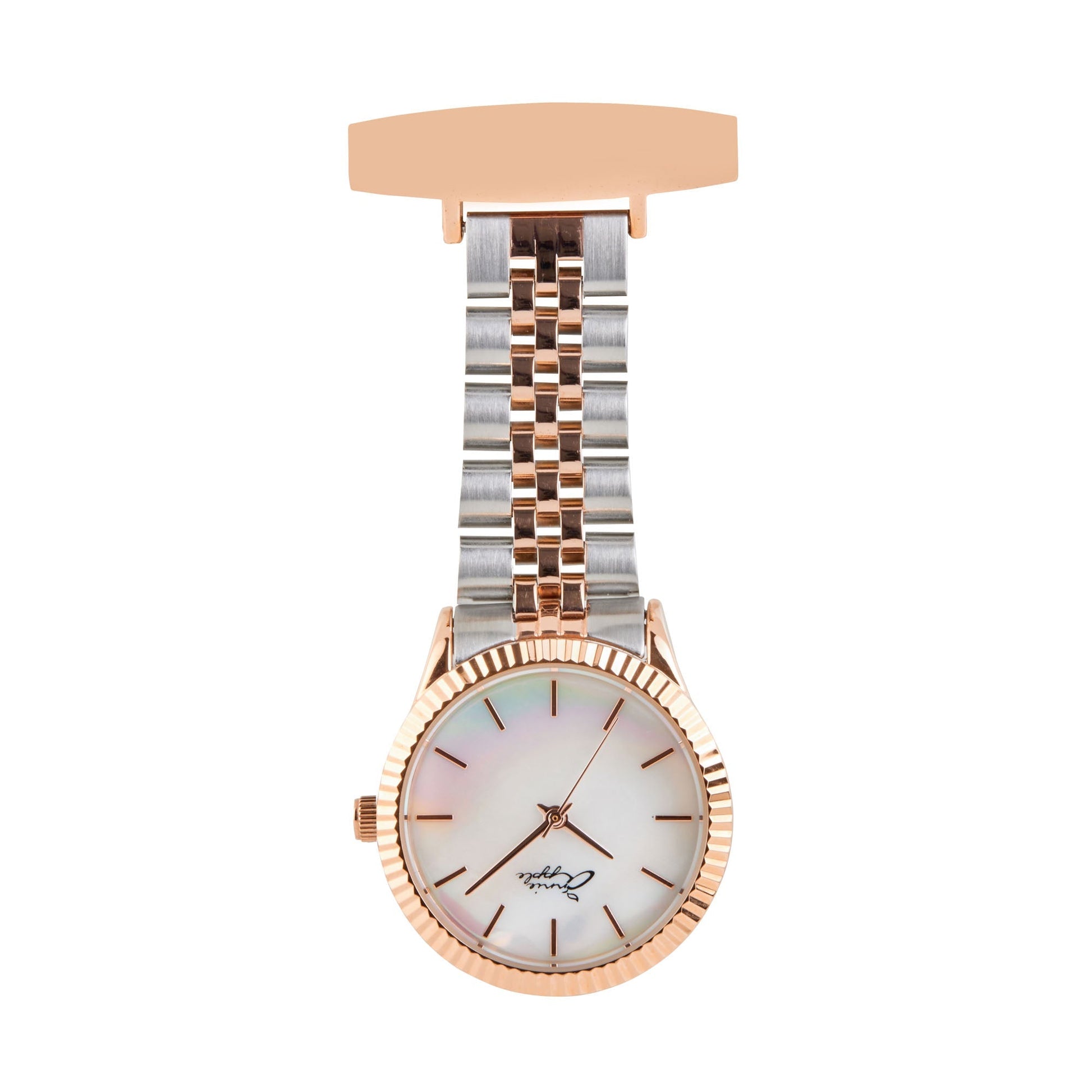 Annie Apple Nurses Fob Watch - Callista - Pearl/Rose Gold/Silver - Link - 35mm