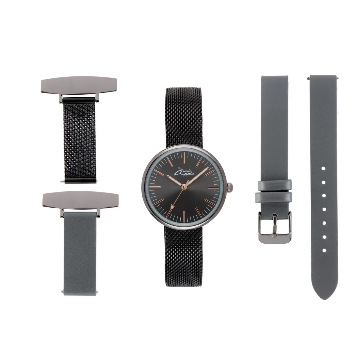 Annie Apple Nurses Fob Watch - Venus - Gunmetal Mesh - Grey Leather - 35mm