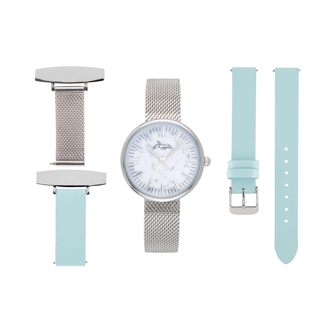 Annie Apple Nurses Fob Watch - Venus - Silver Mesh - Blue Leather - 35mm