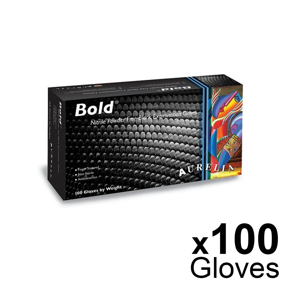 Aurelia Bold - Nitrile Powder Free Non-sterile Examination Gloves - Black, Box Of 100 - Medium