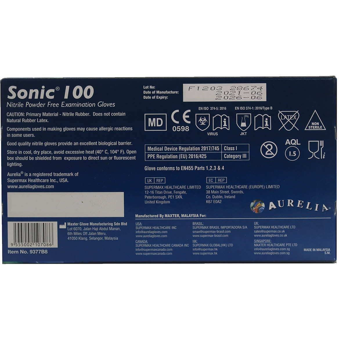 Aurelia Sonic 100 Large Blue Nitrile Powder-Free Examination Gloves - Non Sterile - (100)