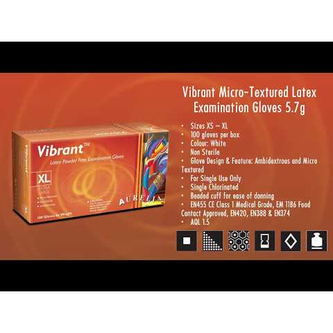 Aurelia Vibrant 100 Micro Textured Latex Examination Gloves 5.7g - Powder-Free - Extra Large (100)