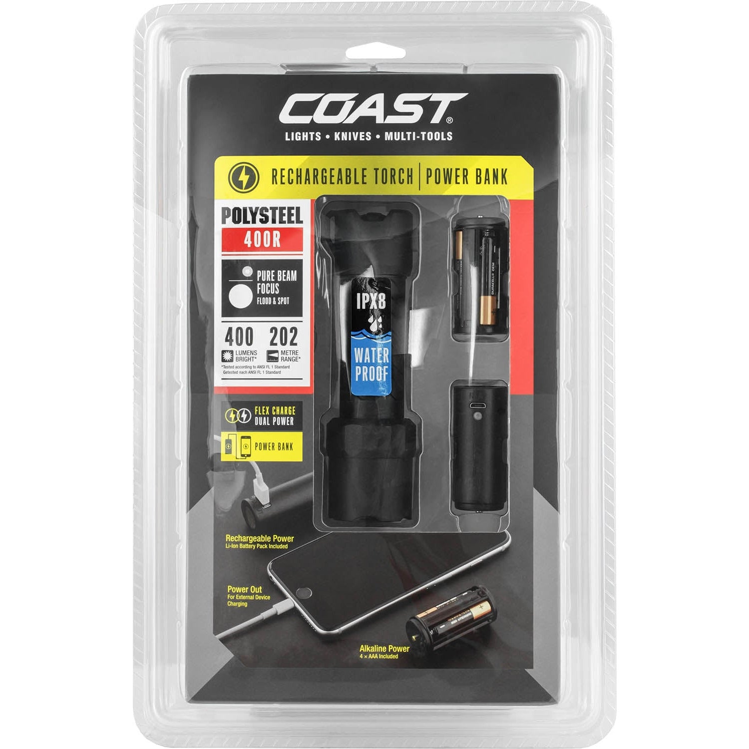 Coast Polysteel 400R Rechargeable Twist-Focusing LED Torch (400 Lumen)