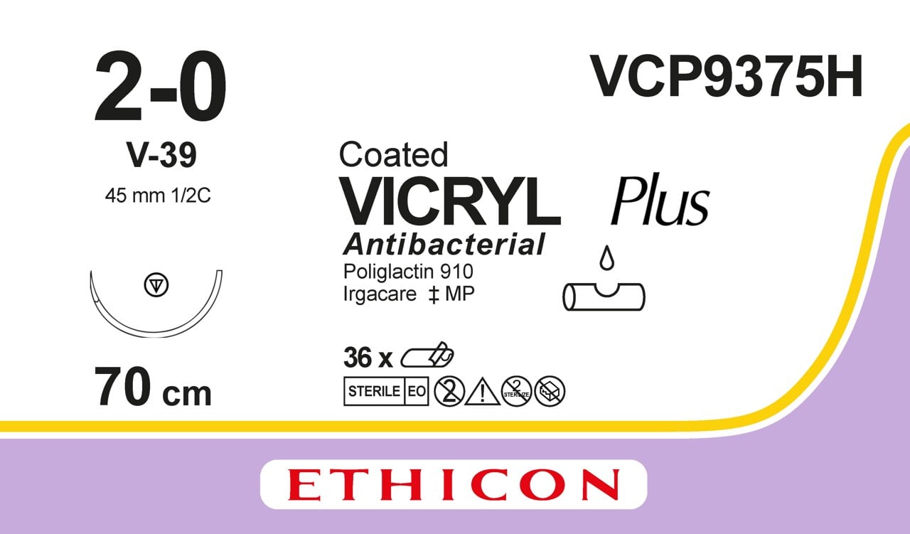 Coated Vicryl Plus Antibacterial Suture, Violet, 2-0, 70cm, 1xV-39 - Box of 36