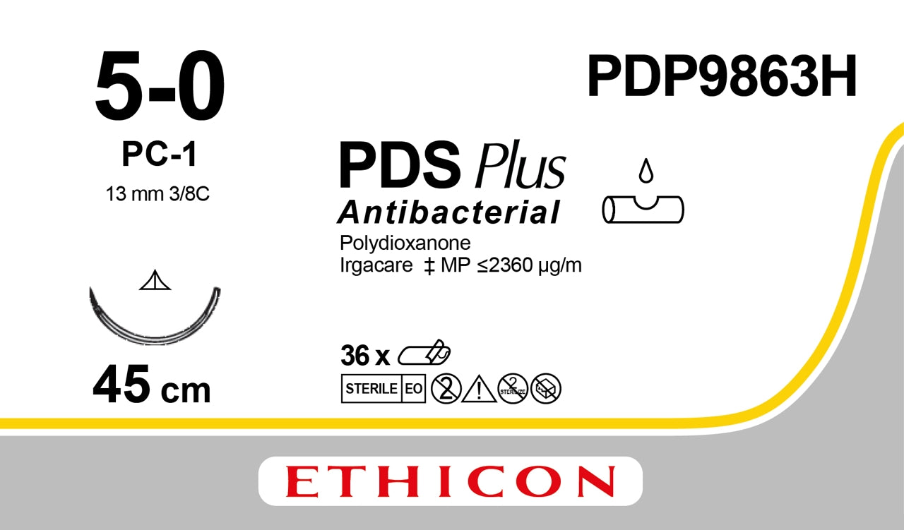 PDP9863H Antibacterial Suture Undyed 5-0 45cm PDS Plus 13mm 3/8 Conventional Cutting PC