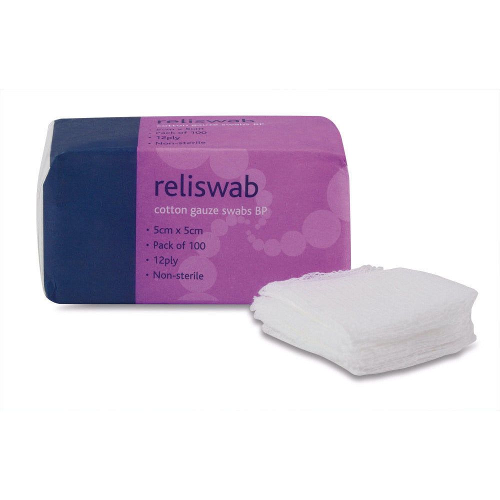 Reliswab - BP Non-Sterile 12ply 5cm - x 5cm Pack of 100