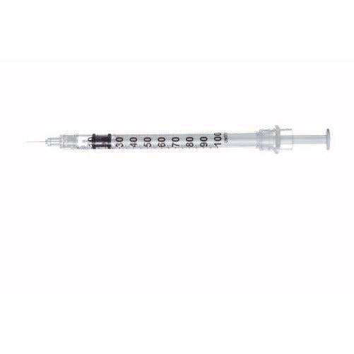 SOL-CARE Insulin Safety Syring with Fixed Needle 1ml, 29g x 1/2" - (Box 100)