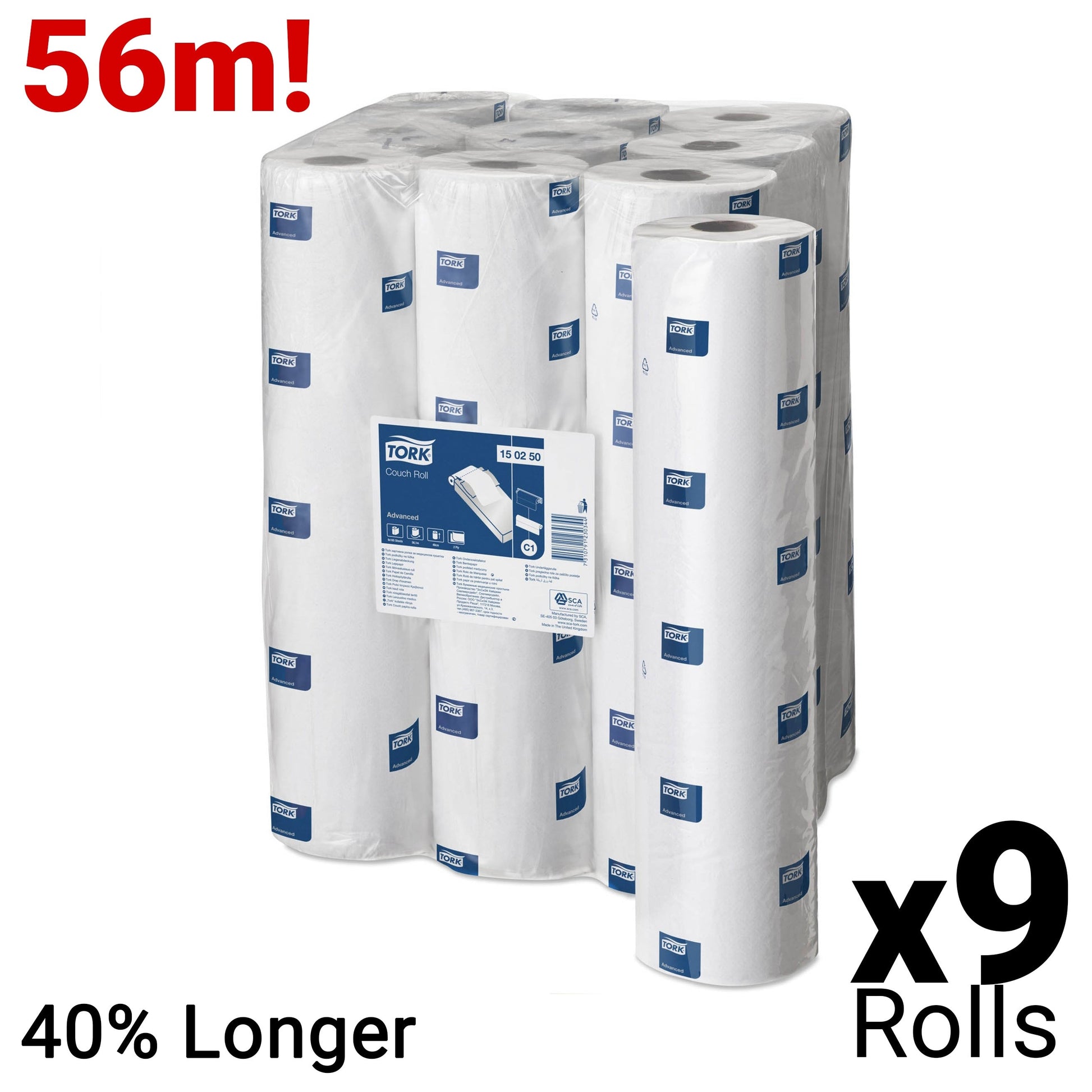 Tork Couch Roll Advanced White 2 Ply - 150250 - Case of 9 Rolls - 48cm/19" x 56m