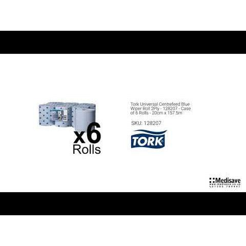 Tork Universal Centrefeed Blue Wiper Roll 2Ply - 128207 - Case of 6 Rolls - 20cm x 157.5m