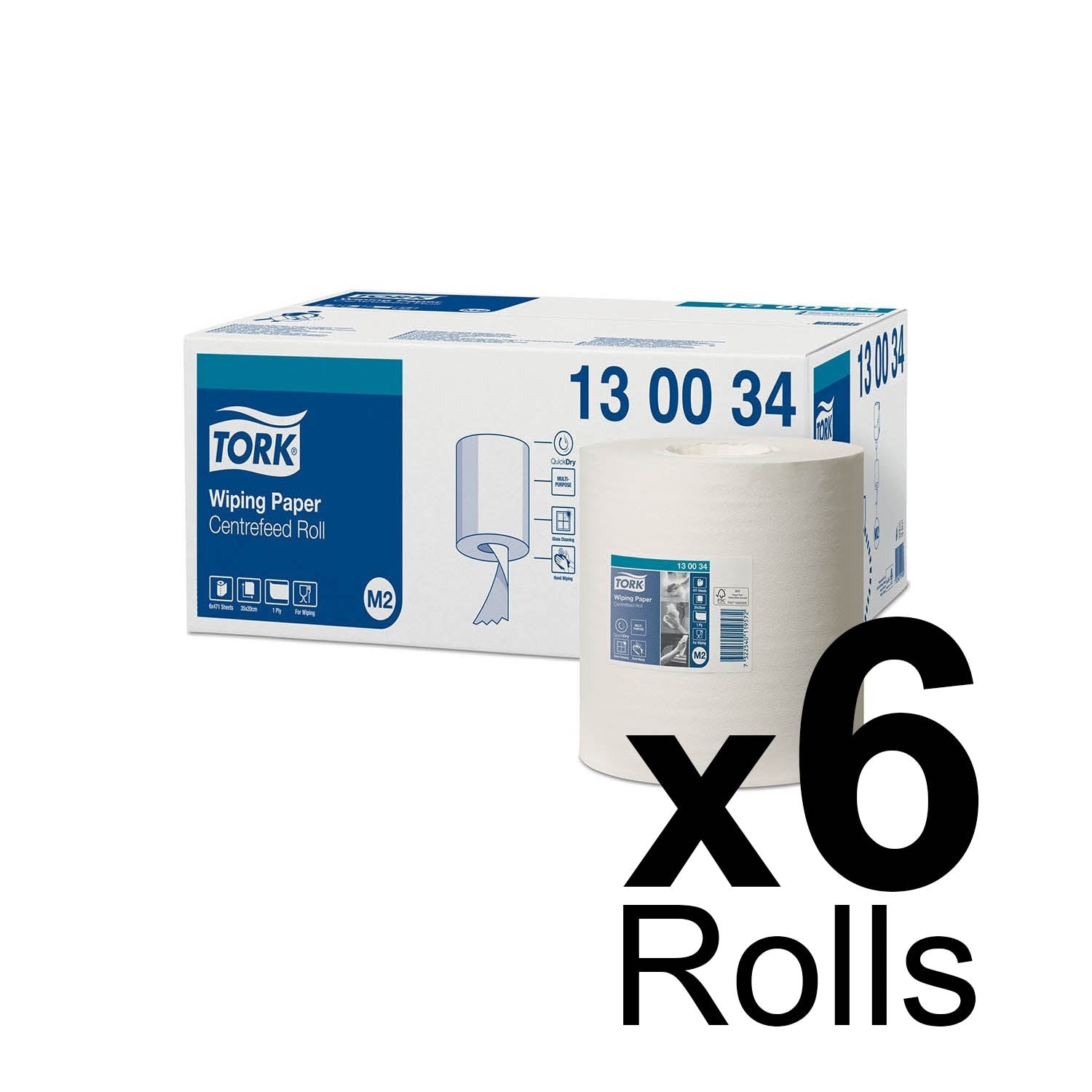 Tork Universal Centrefeed Wiping Paper 1Ply - 130034 - Case of 6 Rolls - 19cm x 165m