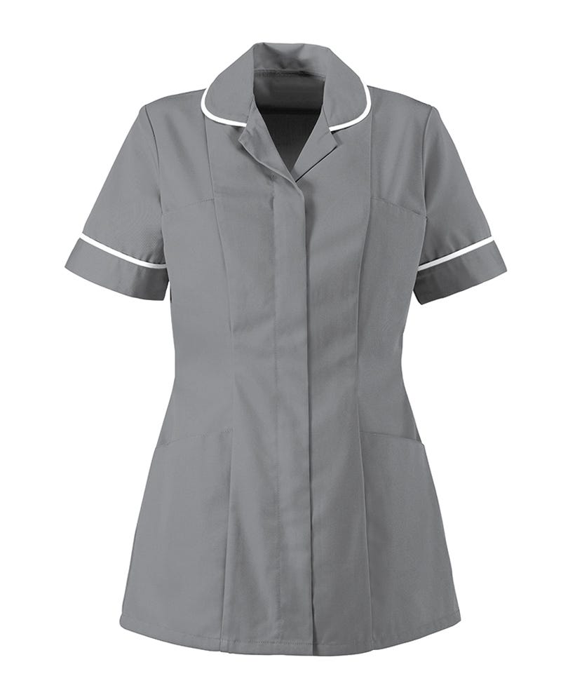 Traditional Nurses Tunic with Contemporary Cut - Hospital Grey & White Trim