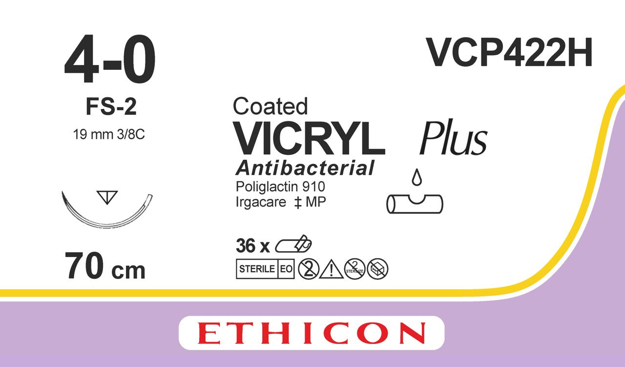 VCP422H Vicryl Plus Undyed 4-0 70cm 19mm 3/8 Reverse Cutting