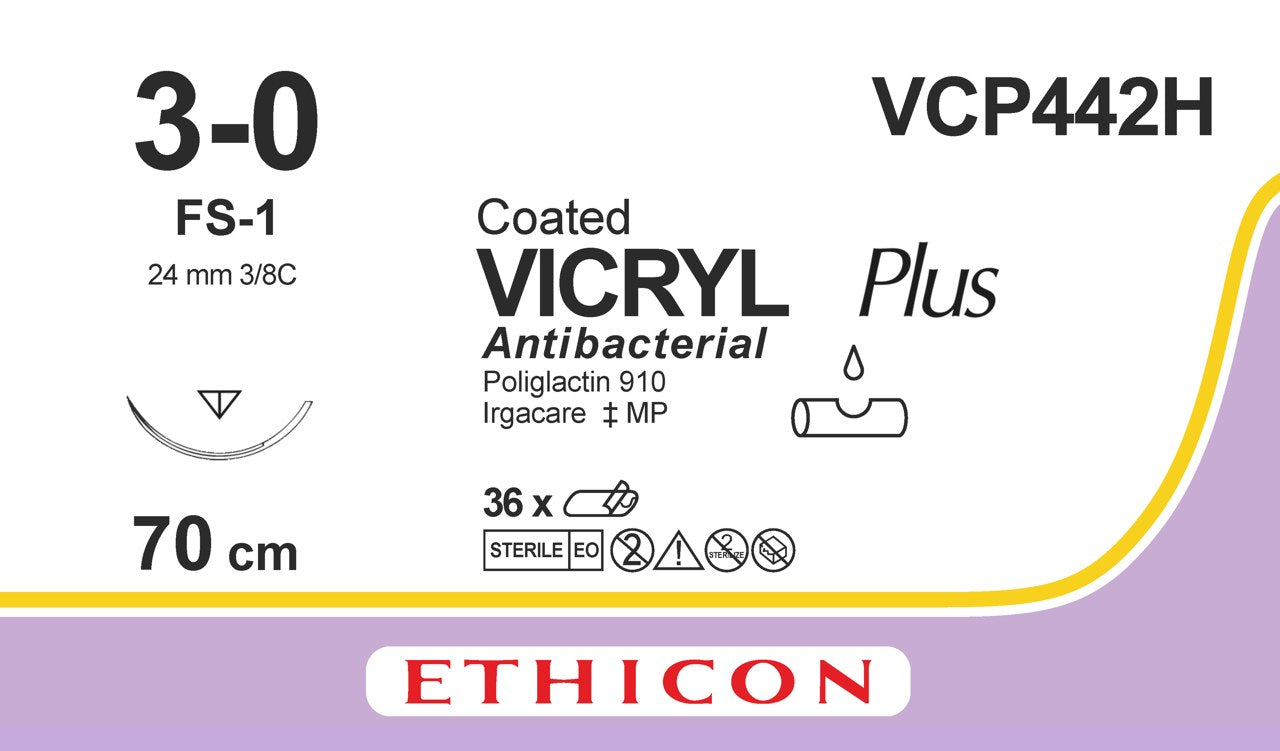 VICRYL Suture PLUS - Braided - Undyed - 3-0 - 70cm - 1 x Reverse cutting - 24mm - 3/8C - 36