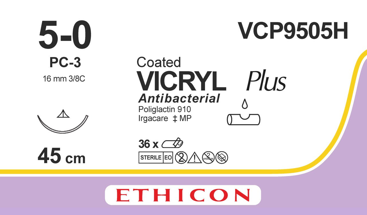 VICRYL Suture PLUS - Braided - Undyed - 5-0 - 45cm - 1 x Conventional Cutting PC - 16mm - 3/8C - 36