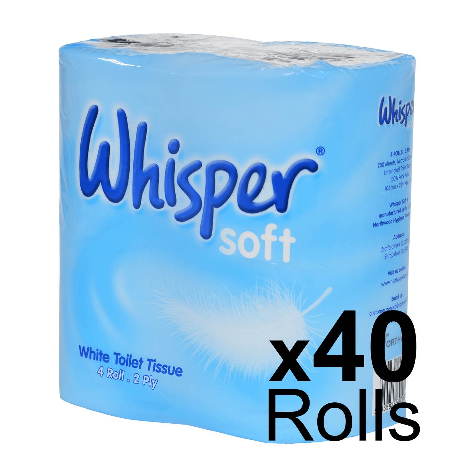 Whisper Soft 2 Ply Toilet Roll x 40 Rolls (10 Packs Of 4)